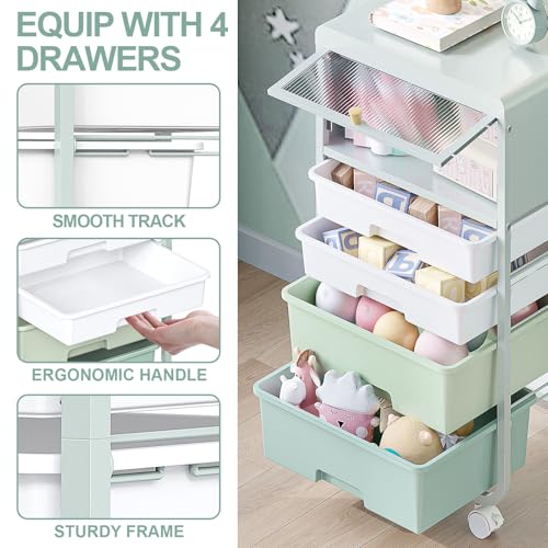 Image of SYKIARIOL 4 Drawers Rolling Storage Drawer Craft Organizers Bookshelf Cart with Dust-Proof Door for Kids Playroom,Bedroom,Home Office, Green
