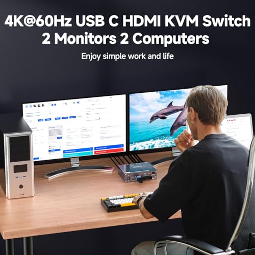 Image of USB C KVM Switch 4K@60Hz,Dual Monitor USB C HDMI KVM Switch for 1 PC and 1 Laptop Sharing 2 Monitor and 4 USB3.0 Devices, PD Power for Laptop with Wired Remote Control and USB Cables Included