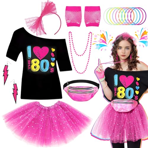 Glirop Déguisement années 80 pour femme, ensemble d'accessoires de costume années 1980 avec T-shirt, jupe tutu, sac, gants, bandeau, boucles d'oreilles, collier, bracelets pour femmes et filles pour