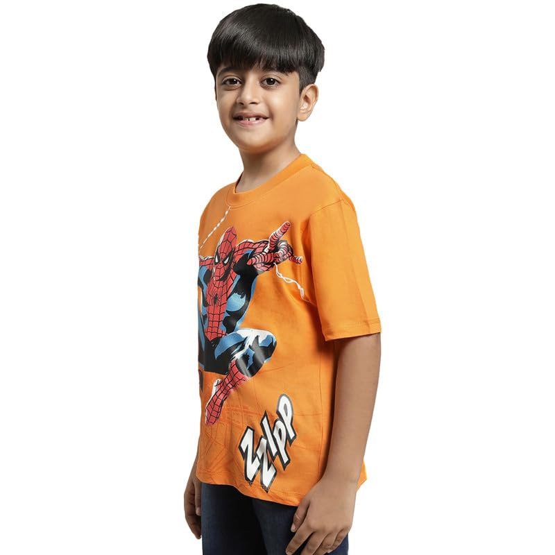 Image of Kidsville Spiderman Printed Regular Fit Orange Cotton Boy's T-Shirt