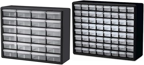 Akro-Mils Gabinete de 24 cajones 10124, piezas de plástico para almacenamiento de herramientas y manualidades, negro (paquete de 1) y 10164 64