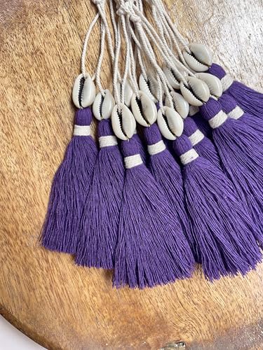 Image of Zippy Flora Handmade Cotton Tassels with Cowrie Shells for DIY & Crafts Project, Pack of 10 (Dark Purple)