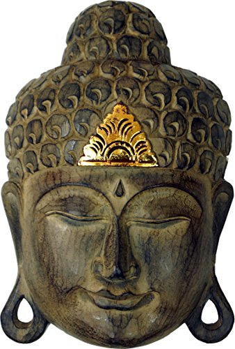 Guru-Shop Masque de Bouddha Sculpté Avec Décoration en or, Décoration Murale, Décoration Murale Ethnique en Bois de Balsa, Lebois, Taille : 35 cm, Bouddhas