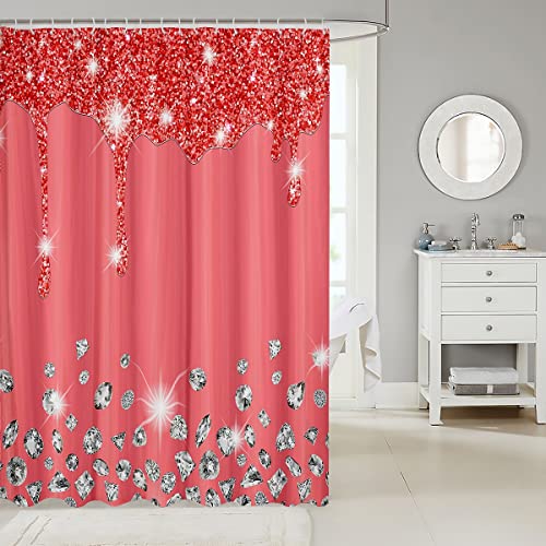 Loussiesd Silver Glitter Shower Curtain (No Glitter) Bling Partyations Red Bathroom Fabric for Diamond and Jewelry Bath Curtain Waterproof Curtains Stalls Bathtubs 72x84 Inch - Image 2