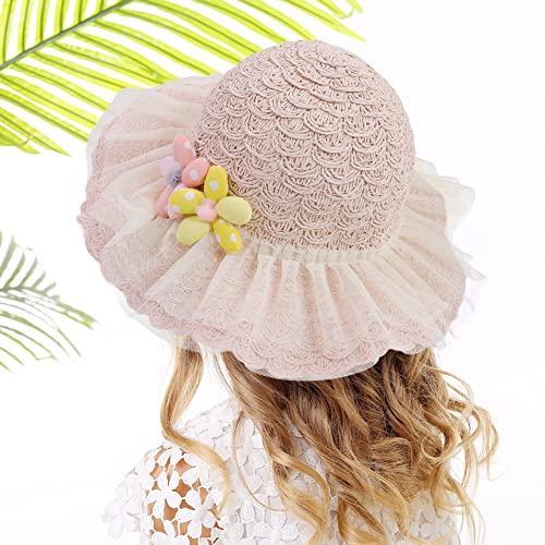 Bienvenu Kids Girls Straw Hat with Two Flowers, Toddler Wide Brim Sun Hat, Girls Hat for Summer Beach Travel Party Outdoor4