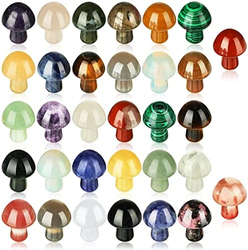 Crystal Mushroom Mini Crystal Gemstone Mushroom Sculpture Decor Polished Hand Carved Quartz Mushroom Stones for Witchcraft Decor Flower Pot Outdoor Yard Meditation, Mixed Colors (32 Pieces)