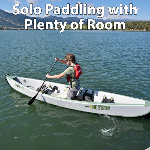 Sea Eagle TC16 Inflatable 16’ High Pressure Drop Stitch Travel Canoe-Wood Web Seats, Pump, Bag and Optional Paddles for Lakes, Rivers & Bays-Easy to Transport, Pack & Stow (TC16 Startup Package)