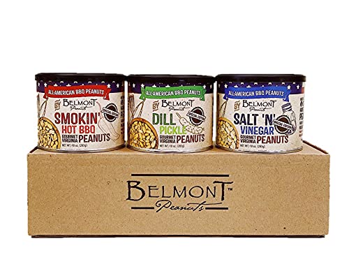 Belmont Peanuts Variety Pack Virginia Peanuts, All American Collection, 10 oz (Pack of 3), Smokin' Hot BBQ, Dill Pickle, and Salt N Vinegar