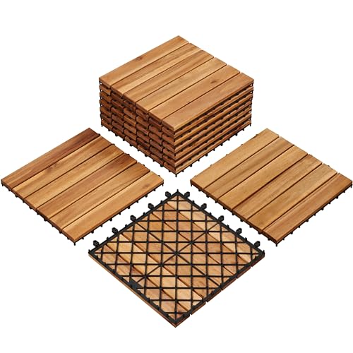 Yaheetech 10pcs Baldosas de Madera de Acacia 30x30cm, 0,96 m² Suelo Terraza Exterior Azulejos para Balcón Jardín Instalación Sencilla