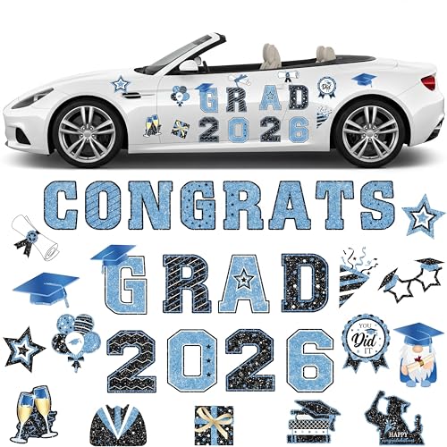 Image of Landhoow 30 Pcs Graduation Car Magnets 2026 Senior Graduation Car Decoration Bumper Sticker Congrats Grad Magnet Magnetic Refrigerator Decal for Grad Parade Party Supplies(Light Blue, Black)