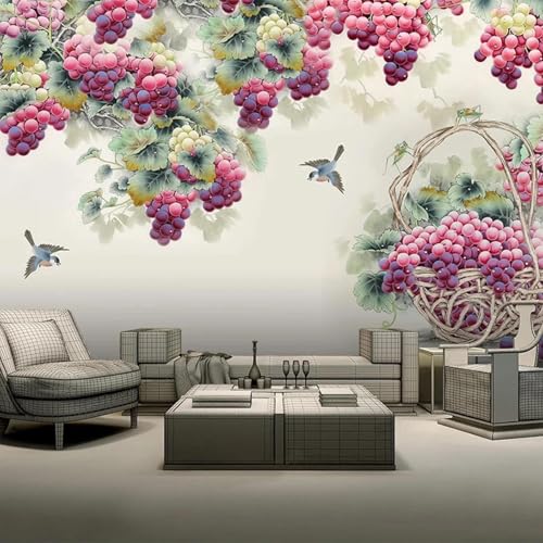 HBYUEHAN Póster de fondo de pájaro y uva púrpura, fruta pintada a mano, Fondo de TV grande, arte de pared, mural 3D, mural decorativo para sala de estar