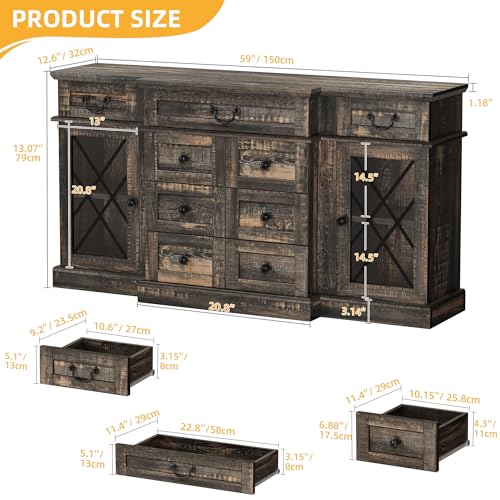 DWVO Farmhouse Sideboard Buffet Cabinet with Storage, 59" Storage Cabinet with 9 Drawers, TV Stands up to 65" for Living Room, Dinning Room, Vintage Brown