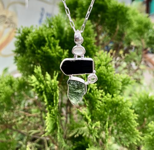 Genuine Moldavite Pendant With Black Tourmaline & Herkimer Diamond, 925 Sterling Silver Handmade Healing Crystal Jewelry, Raw Natural Stones, Spiritual Gift for Women2