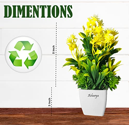 Image of Artificial Flower Plants for Home Decor - Set of 2 Mini Potted Plants in White Pots | Yellow & Green Ideal for Living Room, Office, Indoor Outdoor Decoration