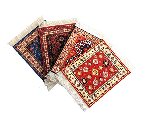 Set of 4 Rug Table Coasters – Oriental Design Fabric Carpet Drink Mats Absorbent Kitchen and Dining Accessories, Spill & Drip Protection, Rectangular, Red Black Blue