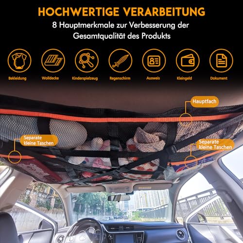HAPPY FINDING Autodach Gepäcknetz Decke, 90 × 65 cm Universal Aufbewahrungsnetz mit Verstellbare Kreuzgurte und 3 unabhängige Reißverschlusstaschen für Vier Dach Armlehnen auf Autos, Jeeps, Van, SUV