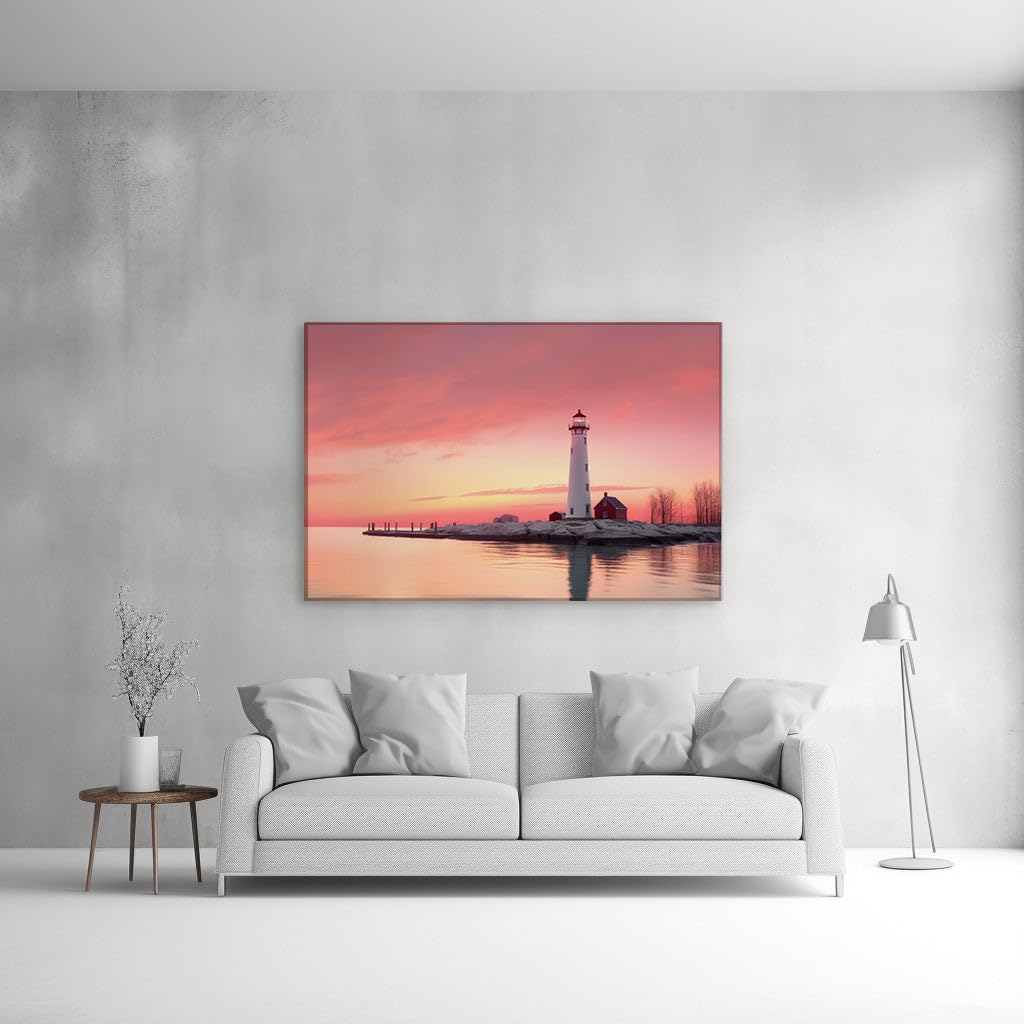 Canvas for Living room. Lighthouse Serenity at Sunset: A Dockside Beacon Against a Painted Sky, 27 x 18 inch Canvas Wall Art - Tranquility - Modern Home Decor