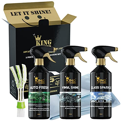 King of Sheen Interior Car Cleaning Kit - Auto Fresh 500ml, Vinyl Shine 500ml and Glass Sparkle 500ml, Professional Glass Microfibre Cloth and Mini Detailing Duster