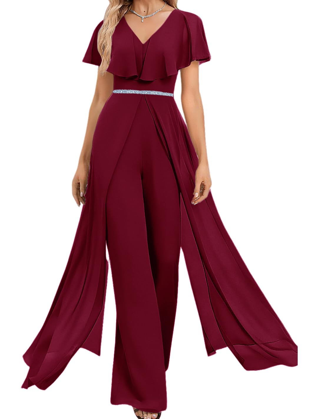 One Piece V Neck Jumpsuit Bridesmaid Pantsuits for Wedding Guest Groom Formal Outfit Sets Beaded Slit with Cloak