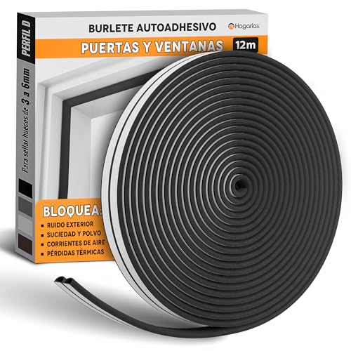 HOGARLAX 12M - Burlete Puerta Entrada, Burlete Ventana, Junta de Goma Adhesiva, Aislante Térmico Ventanas y Puertas, Aislante Acústico - Tira de Sellado Autoadhesivo para Huecos de 3 a 6 mm (Negro)