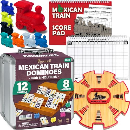 Dominoes Double 12 con 8 Soportes + Centro de Madera + Marcador + Trenes Metálicos