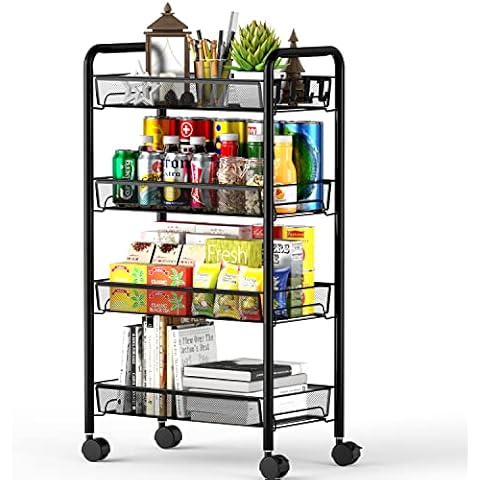 OVICAR 4 Tier Mesh Wire Rolling Cart, Kitchen Storage Organizer Utility Cart, Full Metal Basket Storage Art Trolley Carts with Wheels & 4 Side Hooks Cover