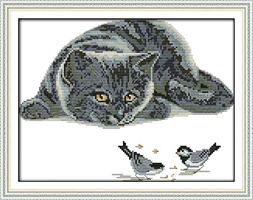 Joy Sunday Cross Stitch Kit 11CT Stamped Embroidery Kits Precise Printed Needlework- The Curious cat (2) 41×33CM
