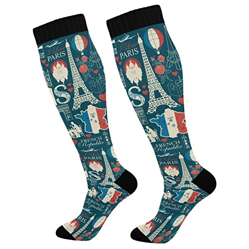 Calcetines de compresión dibujados a mano para mujer, calcetines deportivos altos y largos para hombre, correr, deportes y enfermería, France Paris Tower Retro Blue, talla única