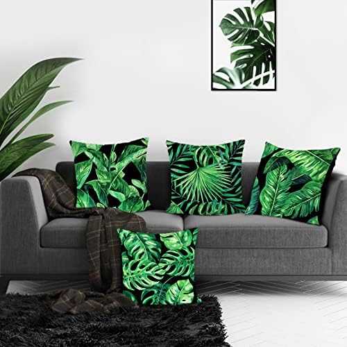 Bonhause Tropical Leaves Cushion Covers 45cm x 45cm Green Leaf Decorative Throw Pillow Covers Polyester Linen Pillowcases for Sofa Couch Outdoor Home Decor Set of 4