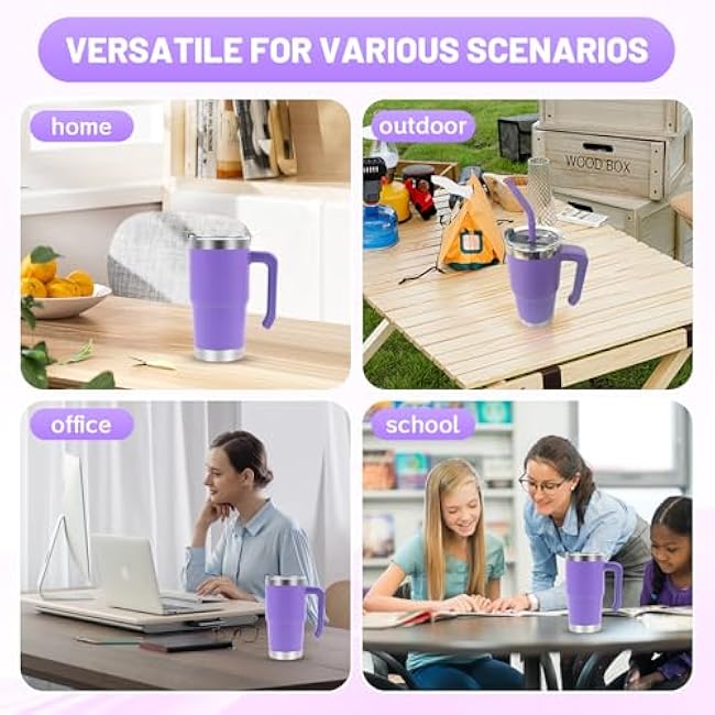 16 oz Stainless Steel Vacuum Travel Mug with Handle and Straw, Insulated Reusable Coffee Cup that Keeps Drinks Warm For Hours (purple cup)