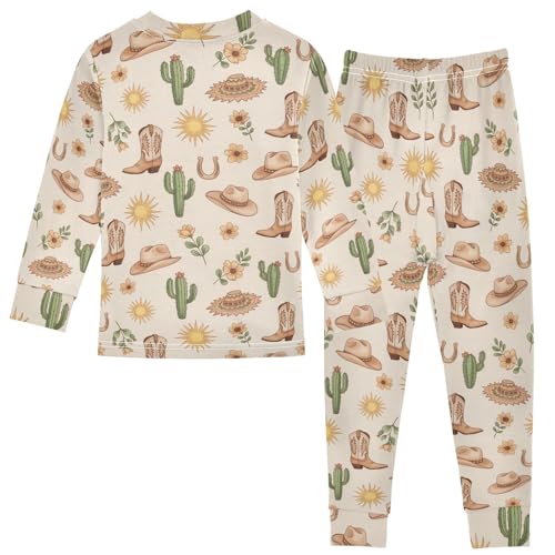Pajama Sets Long Sleeve Western Cowboy Boots Cactus Soft Comfy Sleepwear 2 Piece PJS 3-8T3