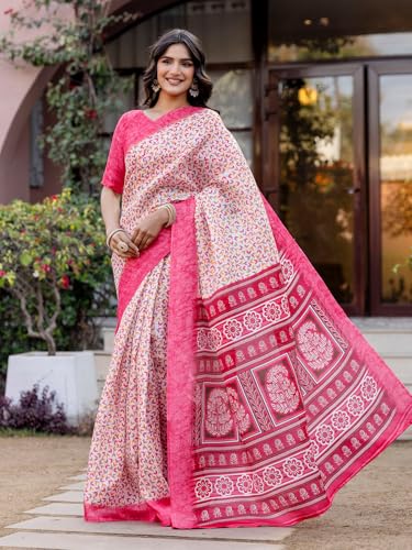 Image of SIRIL Women's Cotton Printed Saree with Unstitched Blouse Piece