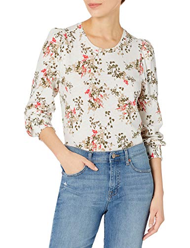 Lucky Brand Women's Puff Sleeve Crew Neck Smocked Cuff Top, Red Multi, XS