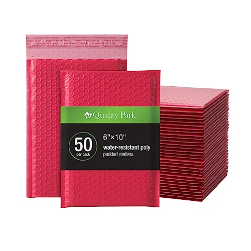 Image of Quality Park Bubble Mailers, 6 x 9 Shipping Envelopes, Water Resistant Red Poly Padded Envelopes, Redi-Strip Peel Off Closure, 50 Per Box (QUA85864)