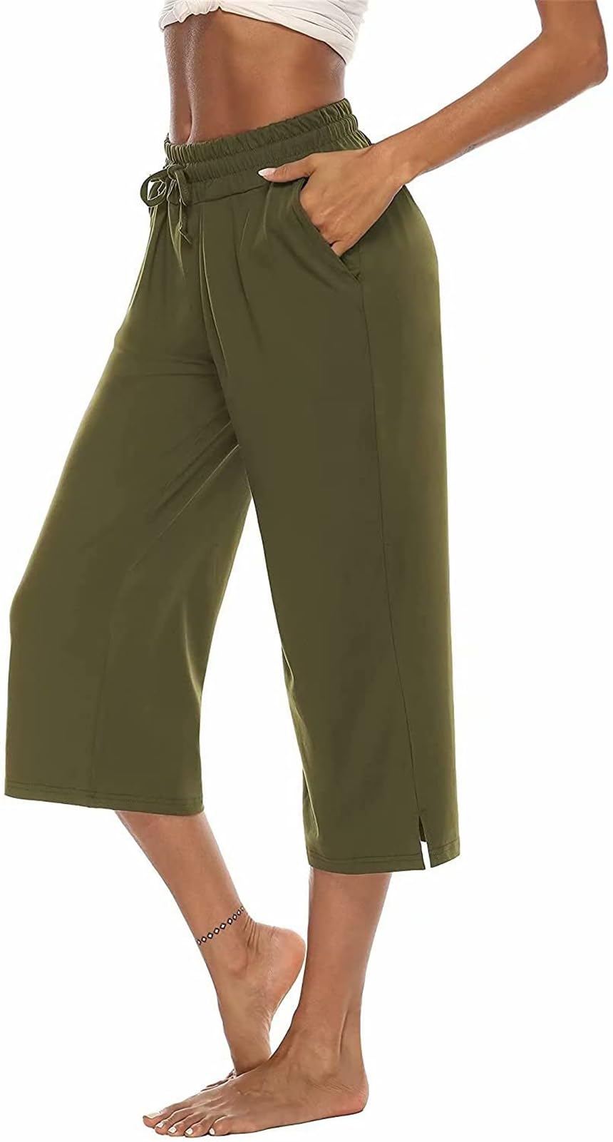 ASKSA Womens 3/4 Capri Pants Wide Leg Crop Trousers Jogging Yoga Loose Comfy Lounge Drawstring Sweatpants with Pockets(Green,XXL)