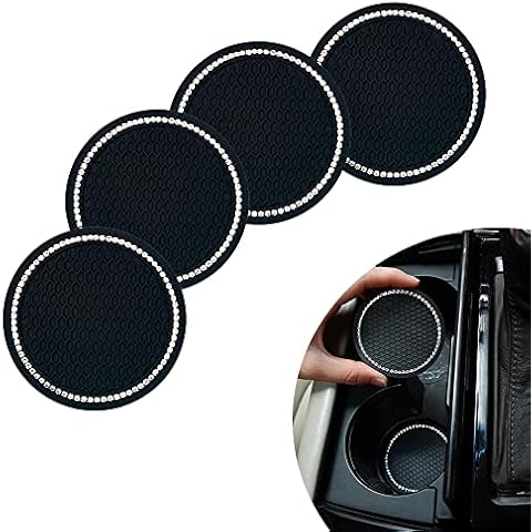 GELLEKMO 4 Pieces Silicone Crystal Car Coaster Vehicle Bling Cup Holder Crystal Cup Holder Insert Coaster in Black for Women Car Interior Accessories Decoration, 2.75 Inches Cover