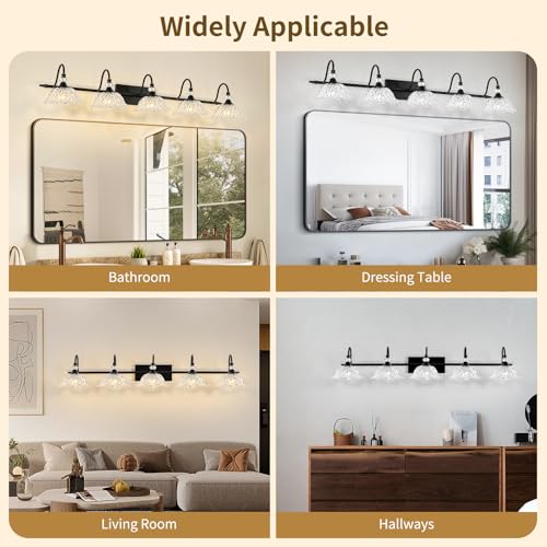 Image of Black Bathroom Vanity Light, 5-Light Vanity Light with Crystal Glass Shades, Vintage Farmhouse Vanity Lighting for Bathroom and Dressing Table