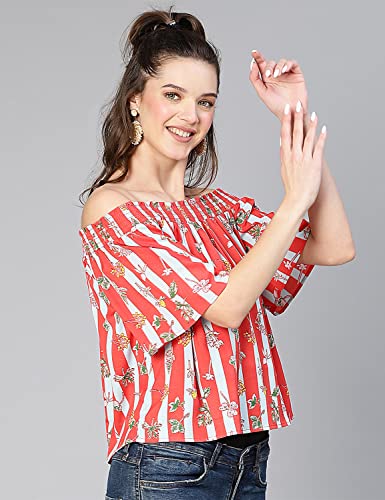 Image of oxolloxo Women Stripe & Floral Digital Print Off -Shoulder Polyester Top