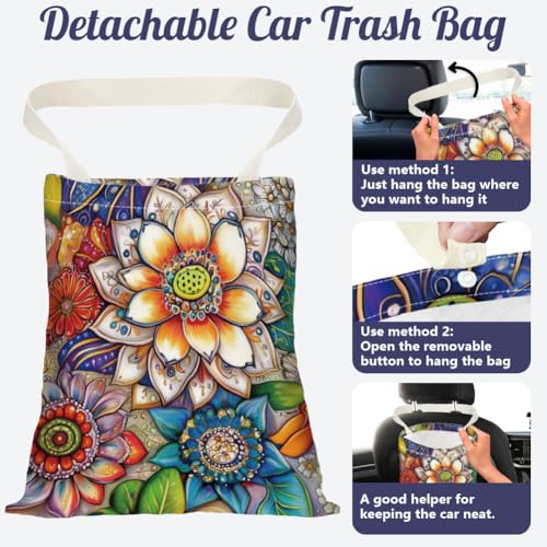 Image of Lotus Mandala Car Trash Bag Hanging Car Garbage Bag With Snap Buttons Cute Car Back Seat Trash Bag Portable Garbage Can for Car Interior Hanging Car Accessories Travel Camping