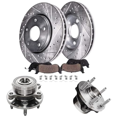 Image of Detroit Axle - Front Brake Kit for Ford Explorer 11-19, Drilled and Slotted | Disc Brake Rotors Ceramic Brake Pads Wheel Bearing Hubs Assembly 2012 2013 2014 2015 2016 2017 2018 Replacement