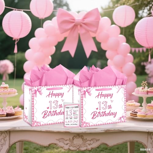 ONANNA Coquette 13th Birthday Gift Bag with Tissue Paper and Greeting Card Pink Bow 13th Birthday Gifts Wrapping Paper Bag for Girls, 13 Year-Old Teenager Present Wrap Bday Decorations Supplies by ONANNA - Used condition - Image 7