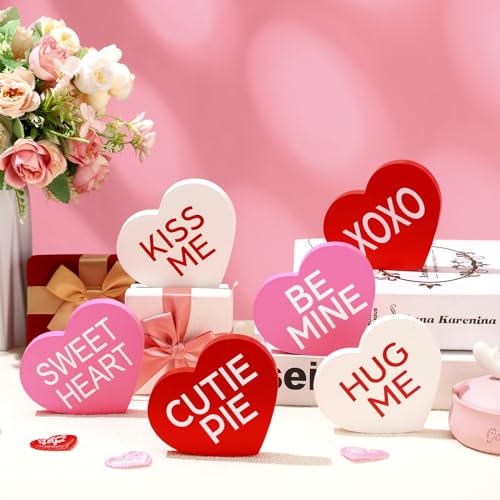 Qunclay 6 Pcs Valentines Day Decor Wooden Heart Table Decorations Sign Sweet Love Tiered Tray Decor Centerpiece Farmhouse Table Blocks for Valentines Day Gift Wedding PartyRed Pink White