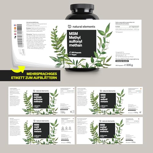 natural elements MSM Kapseln - 365 vegane Kapseln - Laborgeprüfte 1600mg Methylsulfonylmethan (MSM) Pulver pro Tagesdosis - Ohne Magnesiumstearat, hochdosiert und in Deutschland produziert
