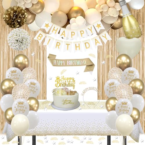 Decoration Anniversaire, Anniversaire Décorations Beige Blanc Or Ballons Kit Banderole Joyeux Pom Poms Confetti Echarpe Couronne Rideau Nappe Couronne pour Femme