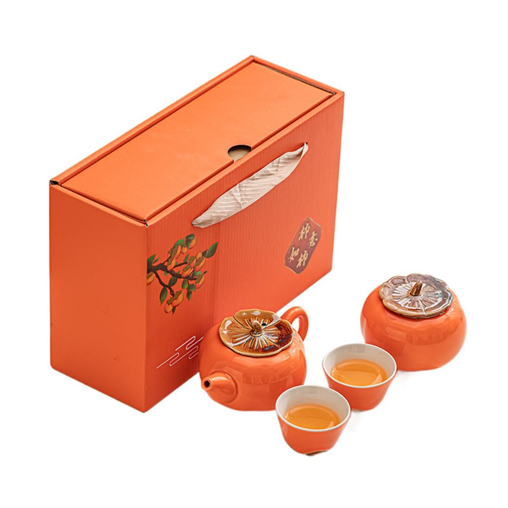 ZPGXLRZ Portable Gongfu Ceramic Tea Set - Beautiful Persimmon-Shaped Chinese Tea Set with Teapot, Tea Can & 2 Cups, Gift Boxed