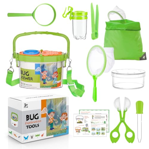 Forscherset Outdoor Spielzeug Set,11 Stück Becherlupen für Kinder Set,mit Insektenfänger, Becherlupe, Mikroskop, Pinzette, Kordelzugbeutel Camping Naturerkundungen Geschenk für Junge und Mädchen(Grün)