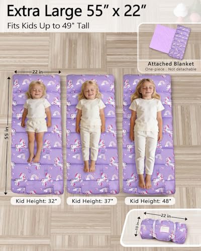 Image of Primlect Thickened Toddler Nap Mat with Removable Pillow and Minky Blanket, Extra Large 55''x35'' Sleeping Bag, Washable, Roll up, Perfect for Daycare, Preschool, Kindergarten, Boys and Girls Purple