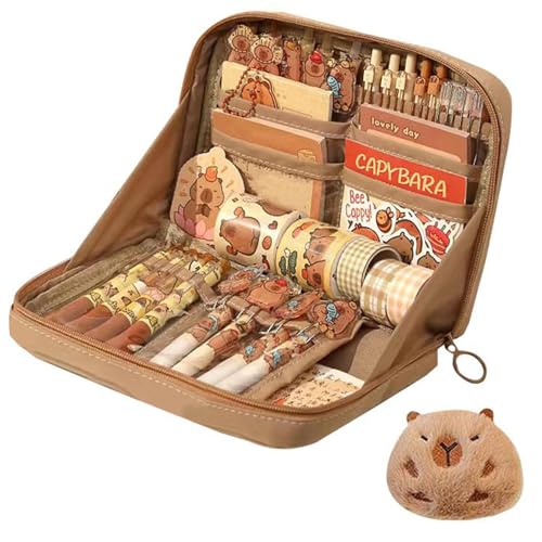 Estojo de lápis Capybara com 12 compartimentos de lona marrom e PVC Kawaii estojo de lápis com zíper suave e boneca capivara estojo de lápis fofo para material escolar, acessórios de mesa