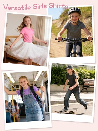 Image of QWE 5 Pack Girls Shirts Athletic Dry-Fit Shirts for Girls Short Sleeve Tshirts Kids Clothes Teens Tops