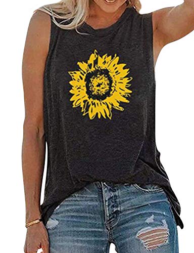 Nlife Women Crew Neck Sunflower Graphic Vest Sleeveless Comfy Muscle Tank Shirts Dark Grey